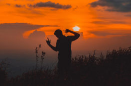 Silhouette of man standing on grass field